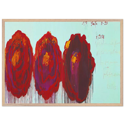 The Rose (IV) by Cy Twombly framed art print; featuring three oversized rose forms in deep crimson, fiery red, rich burgundy, and vivid violet; size 70 × 100 cm (28 × 40 in); black frame.