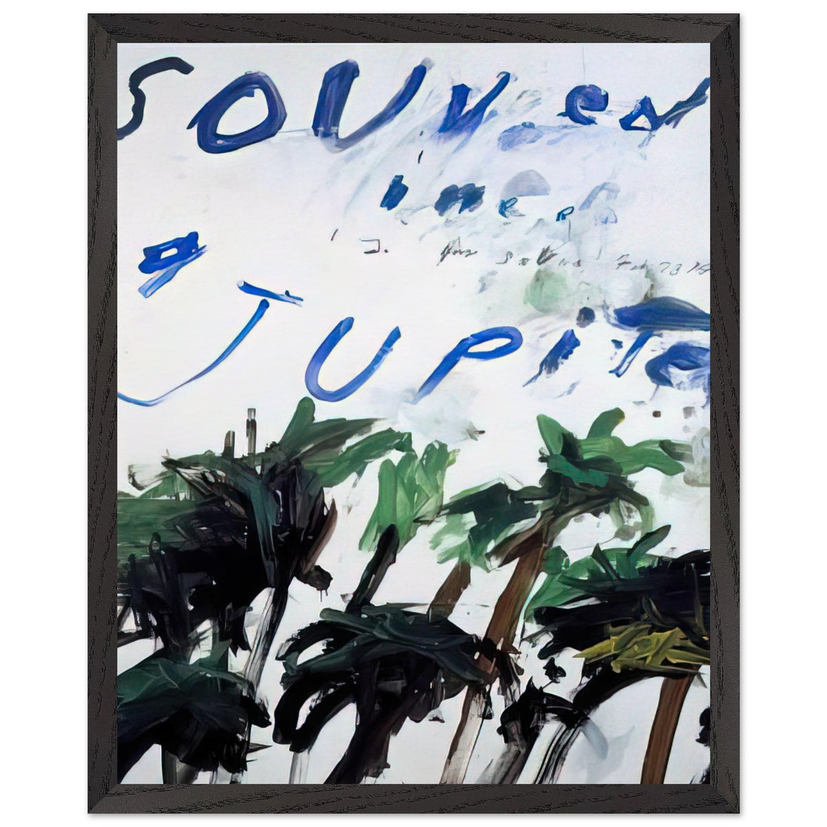 Souvenir of Jupiter by Cy Twombly, framed art print, handwritten lettering, gestural abstraction, 60x80 cm (24x32 in), wood frame
