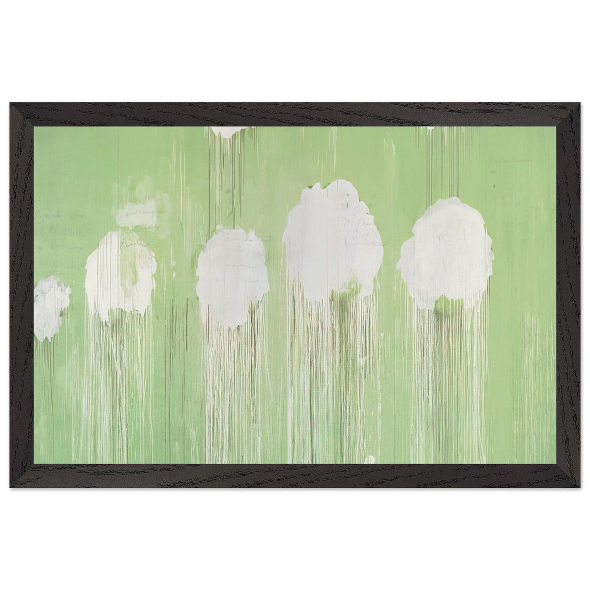 Untitled (Peony Blossom Painting) by Cy Twombly framed art print; featuring delicate white peony blossoms against a soft, luminous green background; size 800 × 1200 mm (32 × 48 in); black frame.
