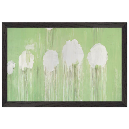 Untitled (Peony Blossom Painting) by Cy Twombly framed art print; featuring delicate white peony blossoms against a soft, luminous green background; size 800 × 1200 mm (32 × 48 in); black frame.