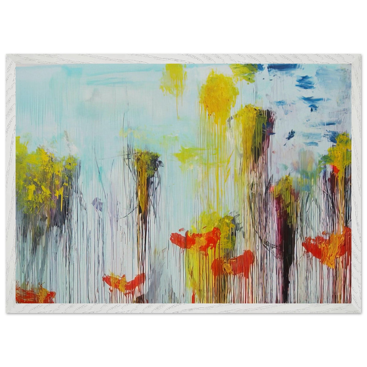 Lepanto, Part VII by Cy Twombly framed art print; featuring vibrant turquoise and aquamarine tones, vivid yellow brushstrokes, fiery orange and red accents; size 30 × 45 cm (12 × 18 in); white frame.