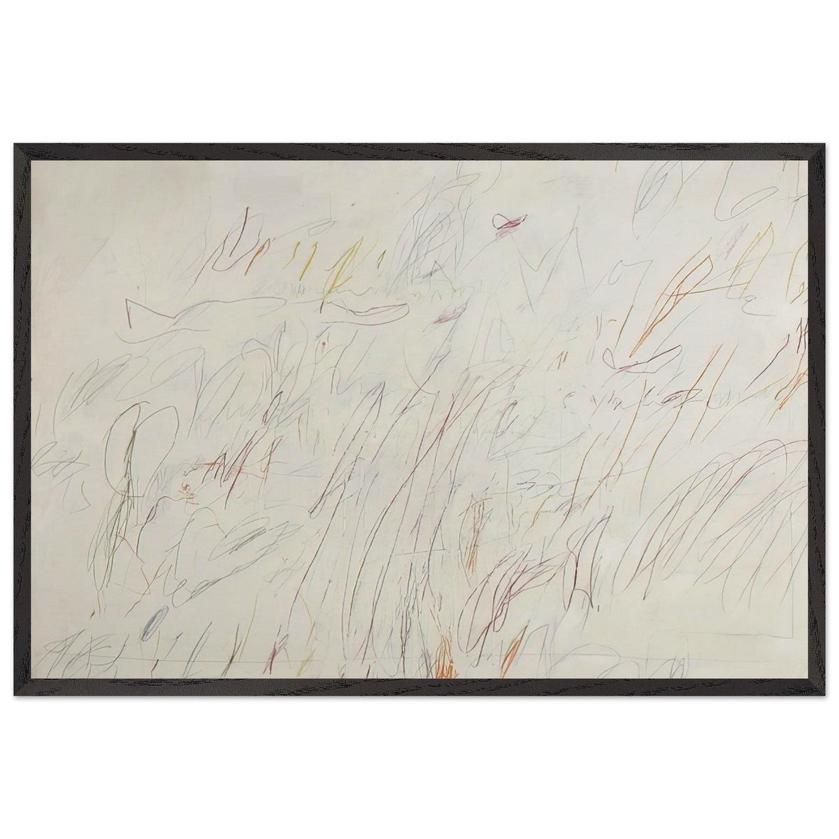 Sunset by Cy Twombly framed art print; featuring a soft ivory background covered with delicate pencil marks, flowing curves, spontaneous scribbles; size 60 × 90 cm (24 × 36 in); wood frame.