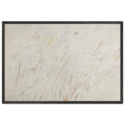 Sunset by Cy Twombly framed art print; featuring a soft ivory background covered with delicate pencil marks, flowing curves, spontaneous scribbles; size 60 × 90 cm (24 × 36 in); wood frame.