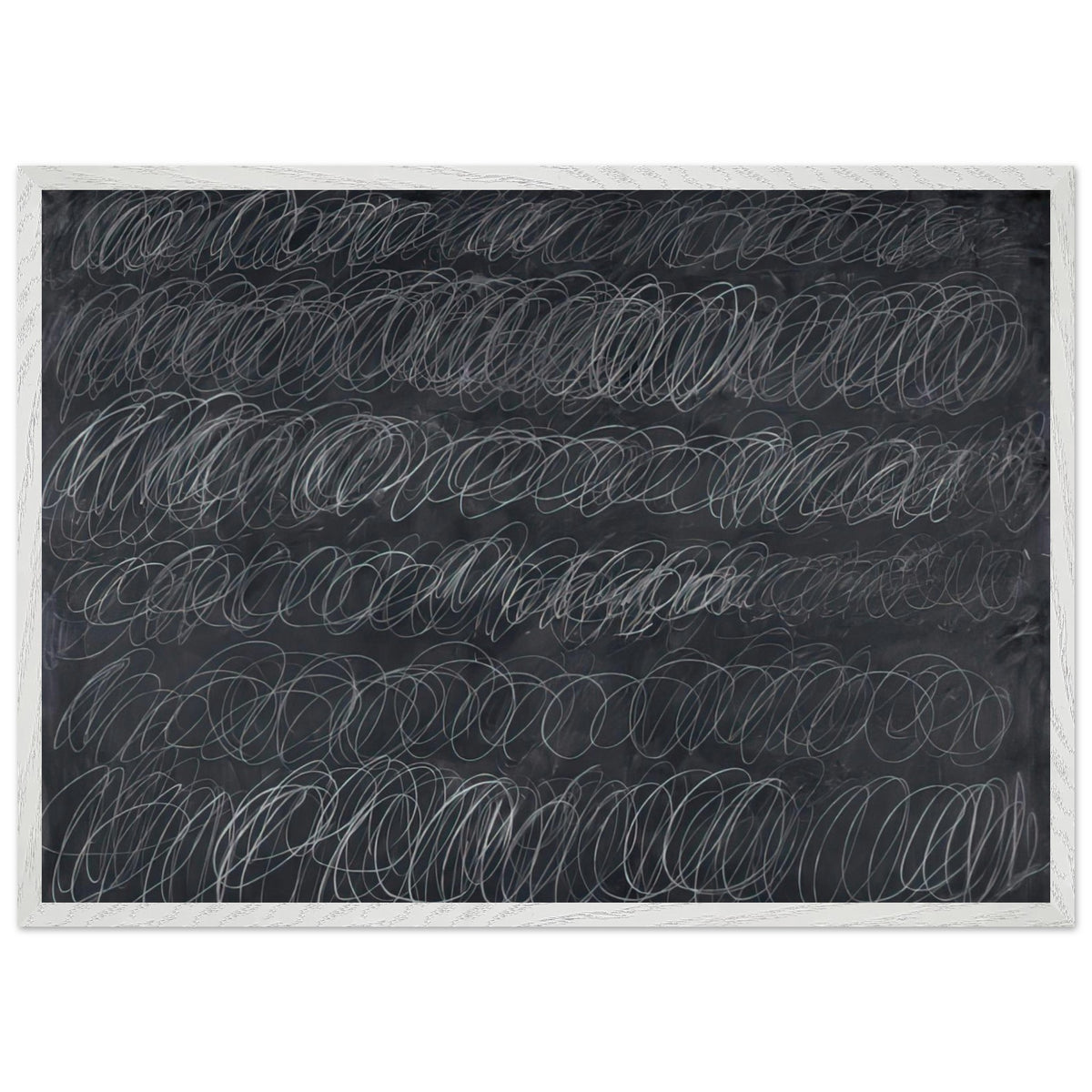 Cold Stream by Cy Twombly framed art print; featuring dense, repeating white and gray scribbled lines arranged in horizontal rows across a deep charcoal-gray; size 50 × 70 cm (20 × 28 in); black frame.