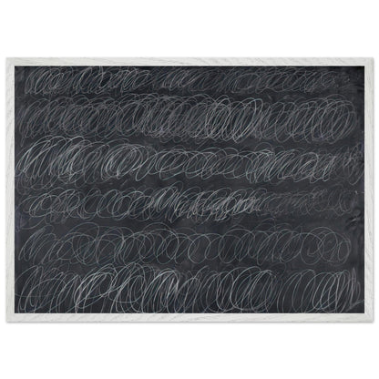 Cold Stream by Cy Twombly framed art print; featuring dense, repeating white and gray scribbled lines arranged in horizontal rows across a deep charcoal-gray; size 50 × 70 cm (20 × 28 in); black frame.