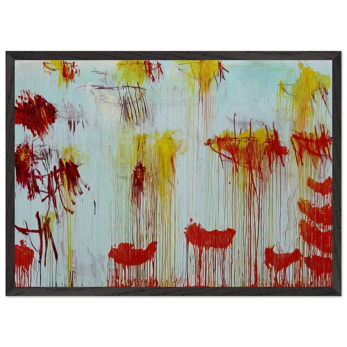 Lepanto, Part XI by Cy Twombly framed art print; featuring a luminous turquoise and pale blue background with vibrant golden-yellow brushstrokes; size A1 (59.4 × 84.1 cm); black frame.