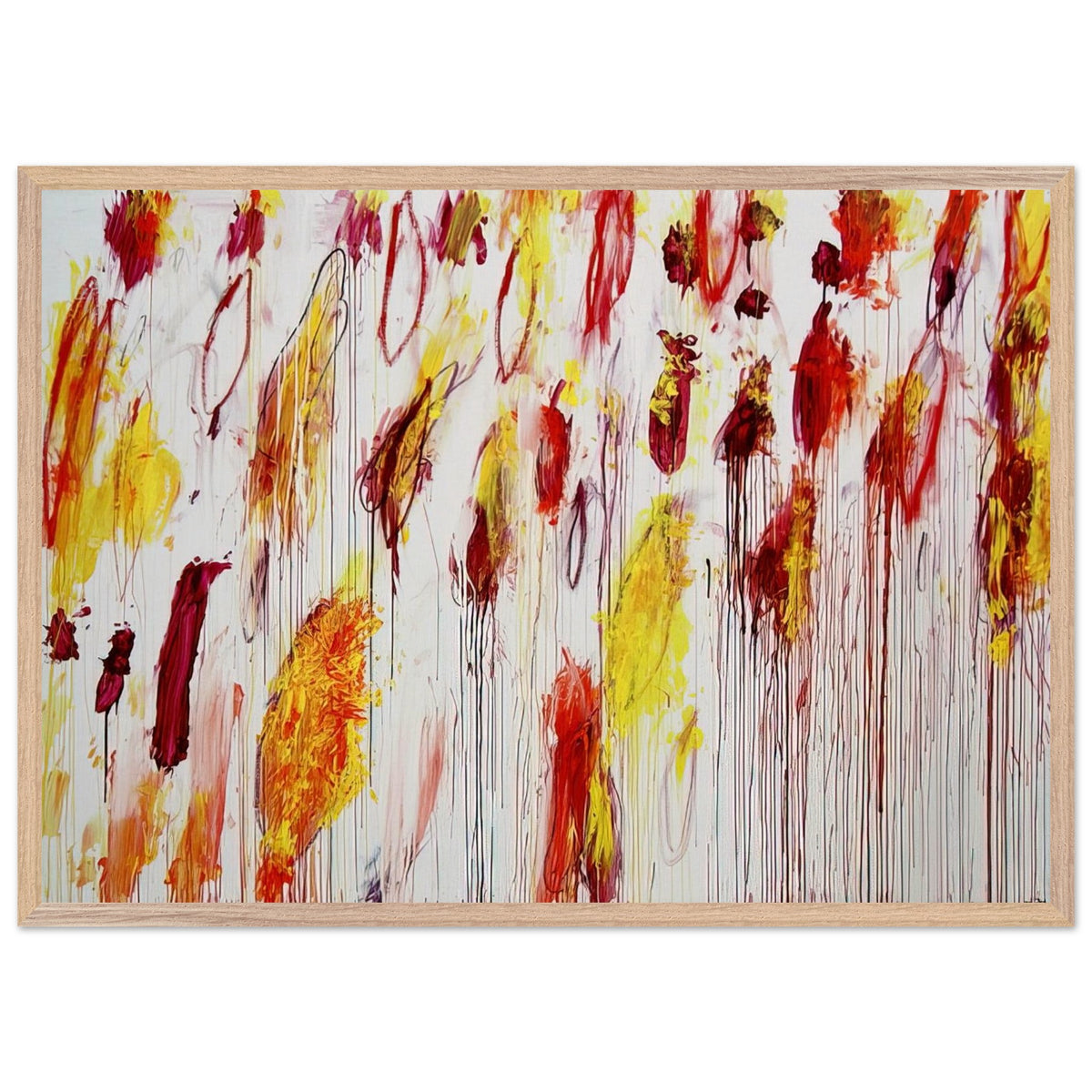 Lepanto, Part IV by Cy Twombly framed art print; featuring vivid yellow and golden-orange pigments, fiery red and crimson brushstrokes, delicate pink accents; size 60 × 90 cm (24 × 36 in); wood frame.
