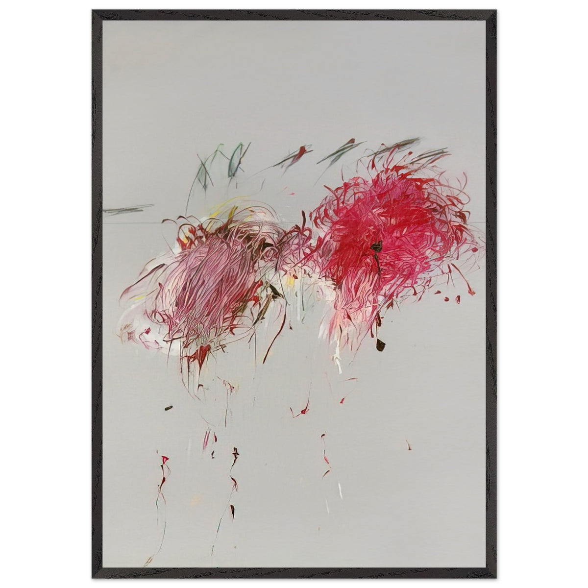 Nicola's Irises by Cy Twombly, framed art print, 27x35 cm / 11x14″, White frame; sweeping red and crimson brushstrokes, delicate pink accents, cool blue details