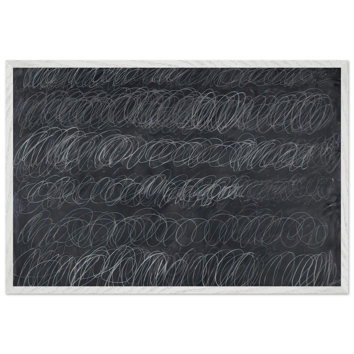 Cold Stream by Cy Twombly framed art print; featuring dense, repeating white and gray scribbled lines arranged in horizontal rows across a deep charcoal-gray; size 60 × 90 cm (24 × 36 in); white frame.