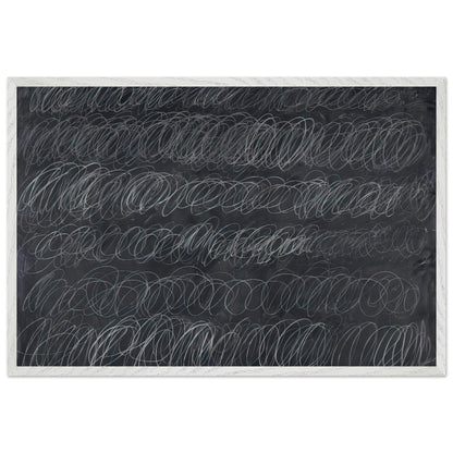 Cold Stream by Cy Twombly framed art print; featuring dense, repeating white and gray scribbled lines arranged in horizontal rows across a deep charcoal-gray; size 60 × 90 cm (24 × 36 in); white frame.