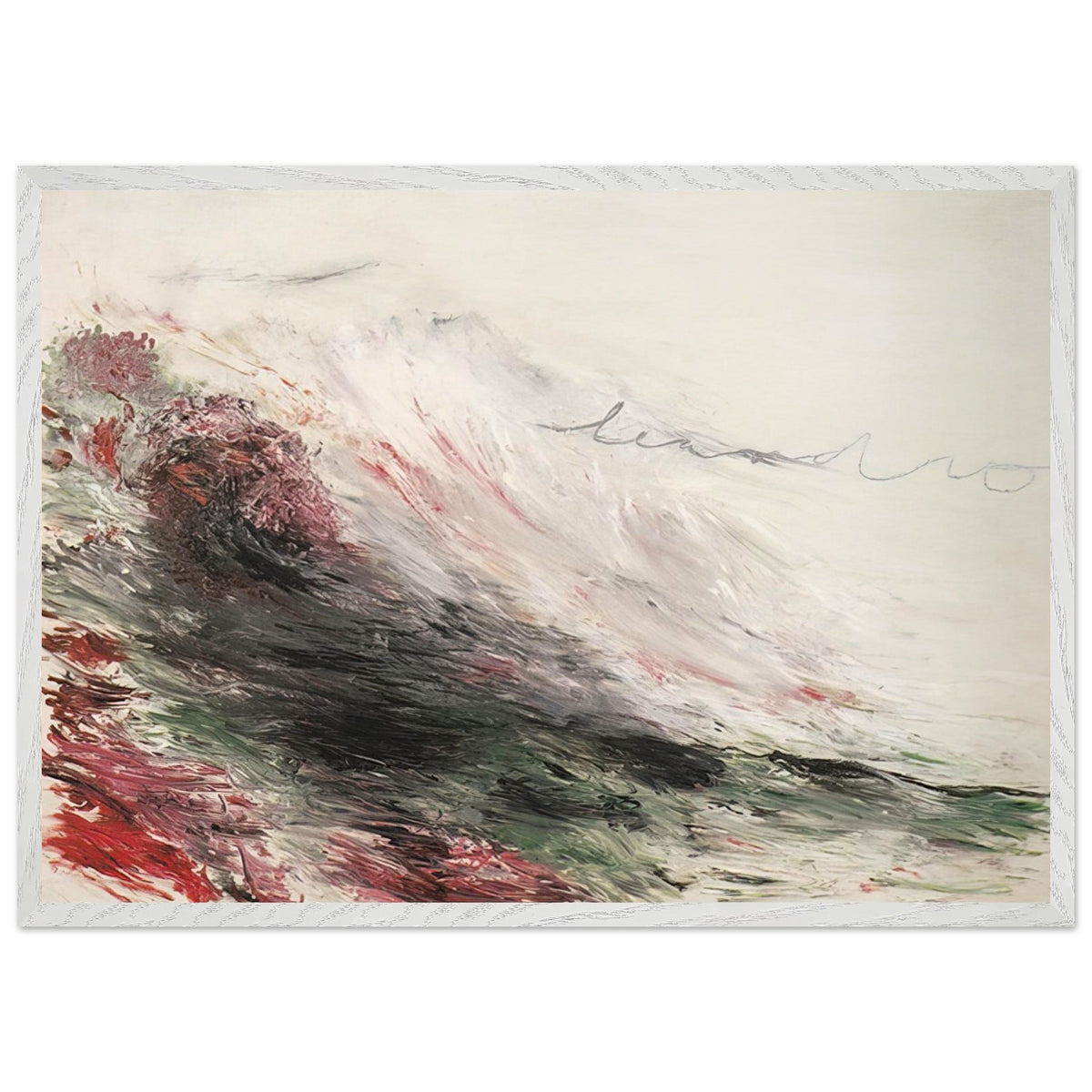 Hero and Leandro (A Painting in Four Parts) Part I by Cy Twombly framed art print; featuring sweeping white and pale gray brushstrokes, layered charcoal and black marks, subtle green tones; size 50 × 70 cm (20 × 28 in); white frame.