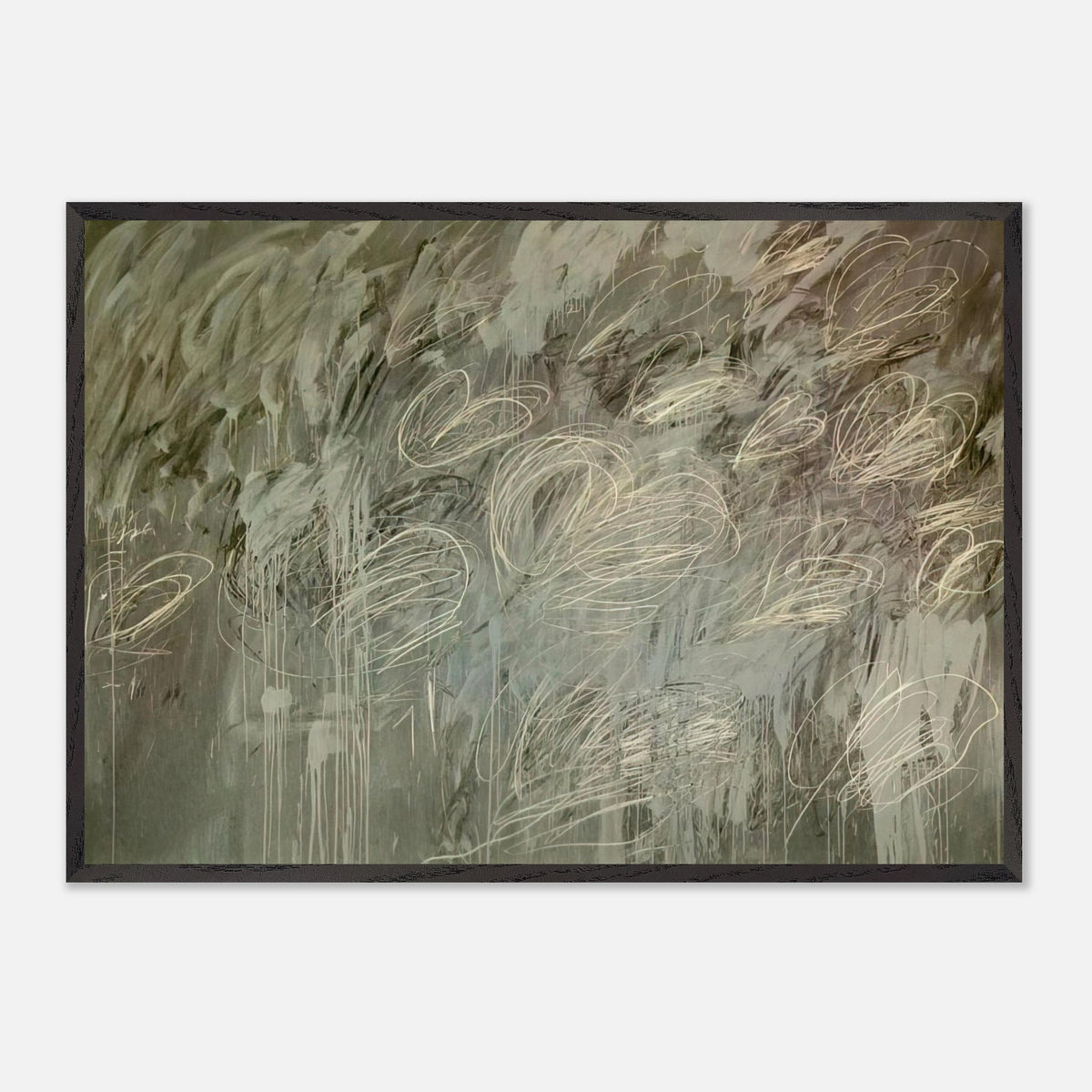 III Notes from Salalah (Note II) by Cy Twombly framed art print; featuring intricate ivory and pale gray looping lines across a richly layered background of muted olive green, gray.