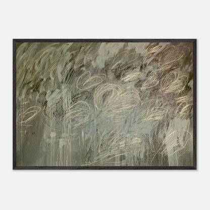 III Notes from Salalah (Note II) by Cy Twombly framed art print; featuring intricate ivory and pale gray looping lines across a richly layered background of muted olive green, gray.