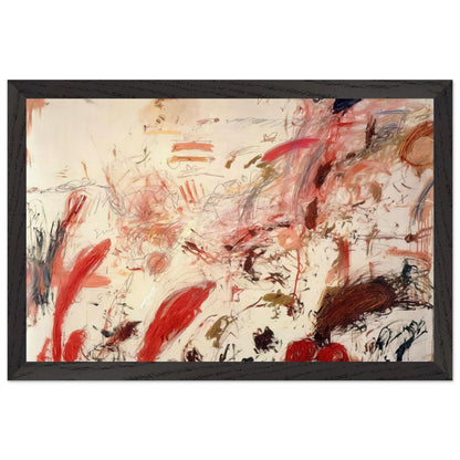 Ferragosto IV by Cy Twombly framed art print; featuring energetic red and pink brushstrokes, sweeping lines, layered marks, and contrasting accents of orange, brown; size 28 × 43 cm (11 × 17 in); wood frame.