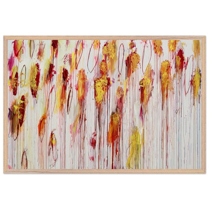 Lepanto, Part VIII by Cy Twombly framed art print; featuring vivid golden-yellow and orange brushstrokes, deep crimson and burgundy accents, delicate pink marks; size 60 × 90 cm (24 × 36 in); white frame.