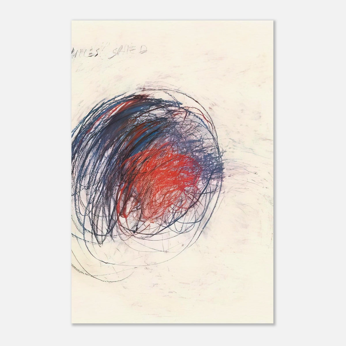 Fifty Days at Iliam: Shield of Achilles by Cy Twombly, poster; intricate black lines, expressive red strokes, deep blue accents