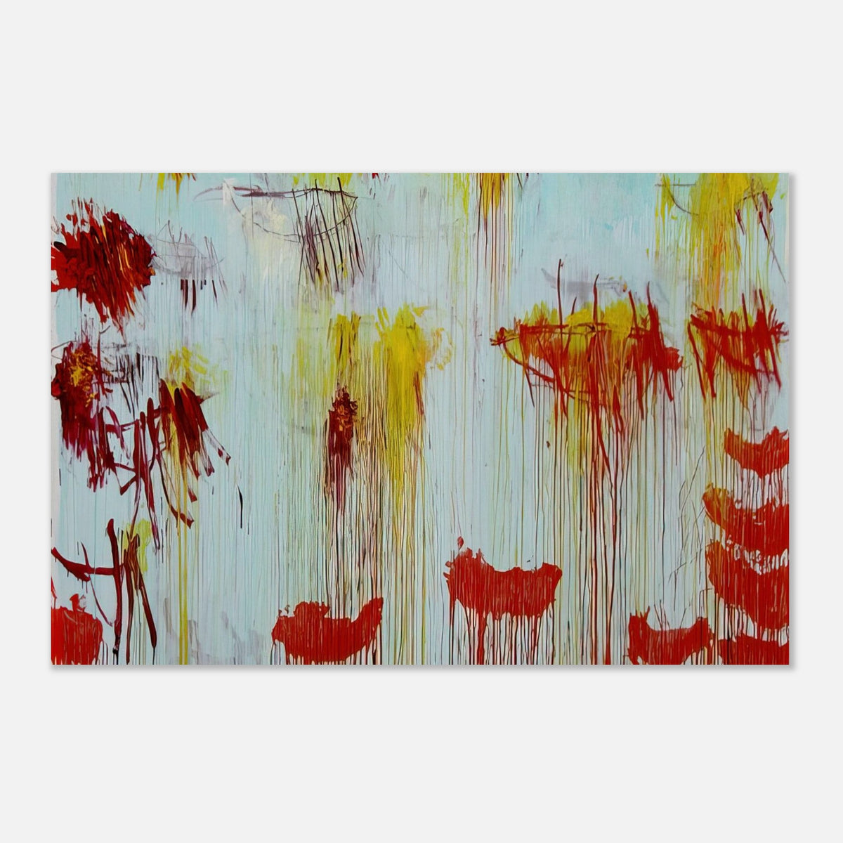 Lepanto, Part XI by Cy Twombly poster: This expressive composition features a luminous pale turquoise background covered with energetic red….