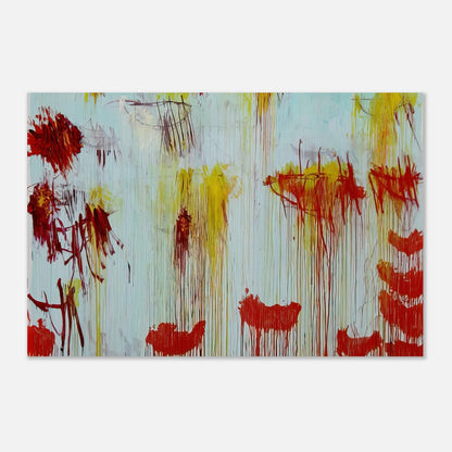 Lepanto, Part XI by Cy Twombly poster: This expressive composition features a luminous pale turquoise background covered with energetic red….
