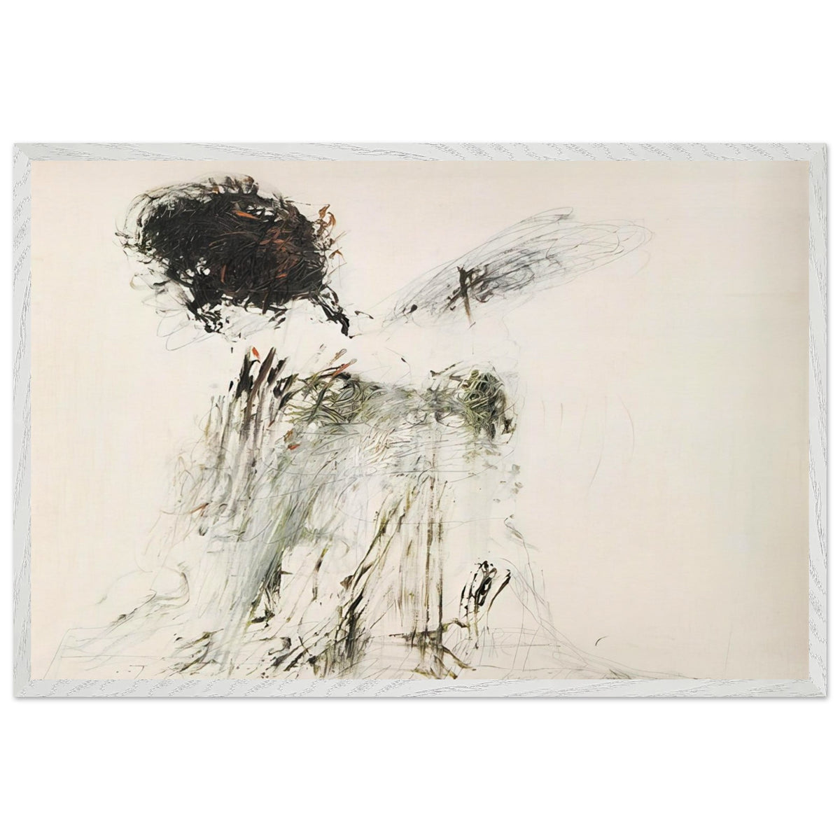 Ides of March by Cy Twombly framed art print; featuring a dramatic mass of black and dark brown marks in the upper-left area, delicate gray lines, earthy green accents; size 30 × 45 cm (12 × 18 in); black frame.