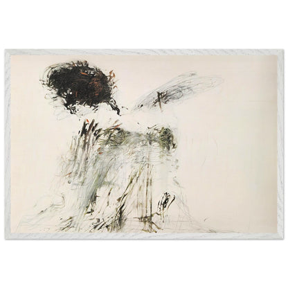 Ides of March by Cy Twombly framed art print; featuring a dramatic mass of black and dark brown marks in the upper-left area, delicate gray lines, earthy green accents; size 30 × 45 cm (12 × 18 in); black frame.