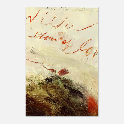 Wilder Shores of Love by Cy Twombly, poster, sweeping red and orange handwritten marks, delicate pencil lines