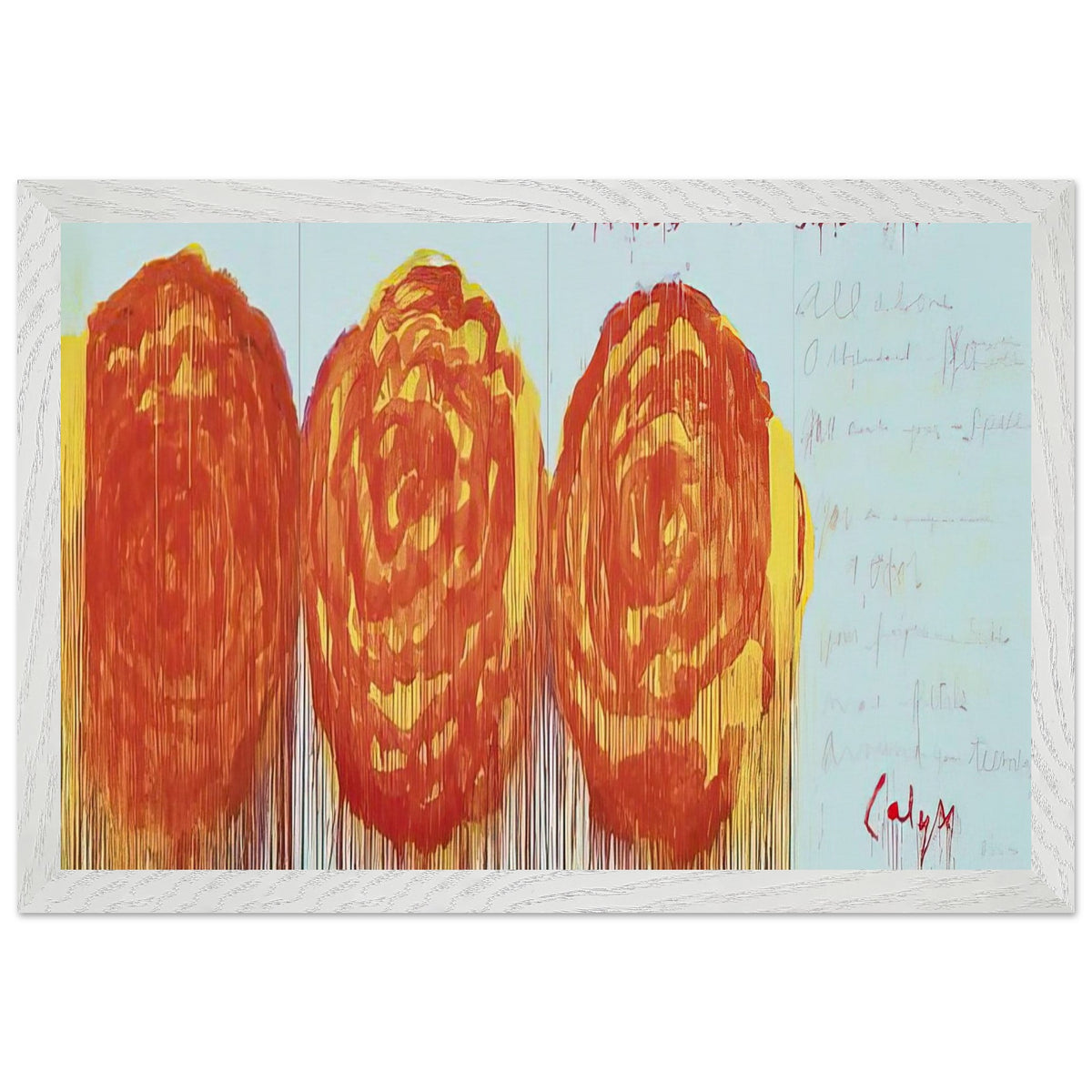 The Rose (II) by Cy Twombly framed art print; featuring three oversized rose-like forms in vibrant orange, fiery red; size 30 × 45 cm (12 × 18 in); black frame.