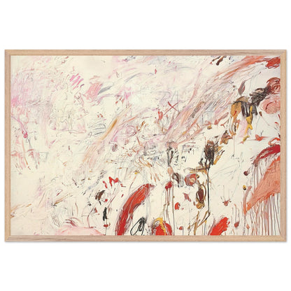 Ferragosto III by Cy Twombly framed art print; featuring energetic brushstrokes, delicate scribbles, and layered gestures in shades of red, pink, rust, orange, ochre; size A1 (59.4 × 84.1 cm); wood frame.