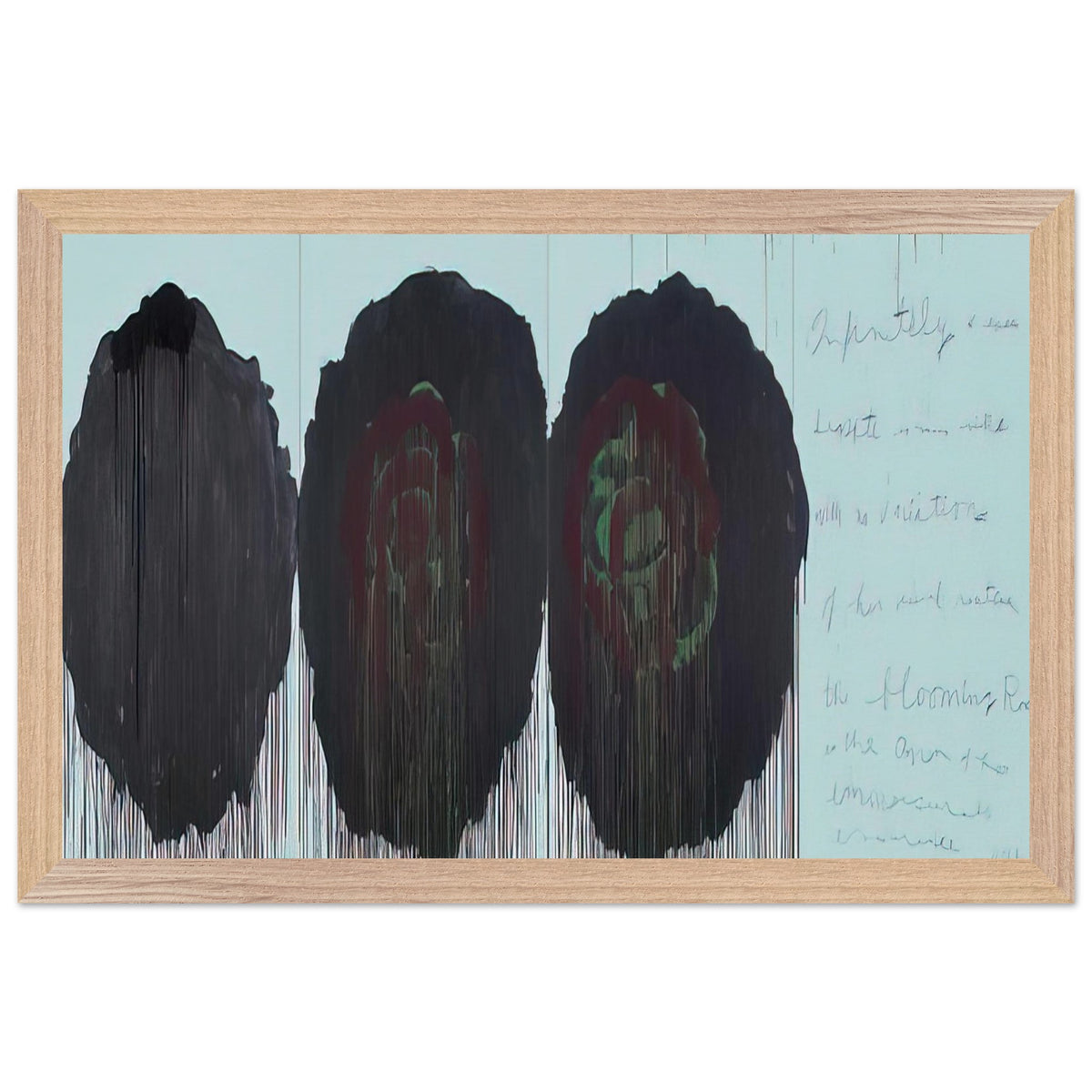 The Rose (V) by Cy Twombly framed art print; featuring three monumental rose forms in deep black, charcoal, burgundy, and dark crimson; size 800 × 1200 mm (32 × 48 in); wood frame.