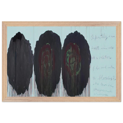 The Rose (V) by Cy Twombly framed art print; featuring three monumental rose forms in deep black, charcoal, burgundy, and dark crimson; size 800 × 1200 mm (32 × 48 in); wood frame.