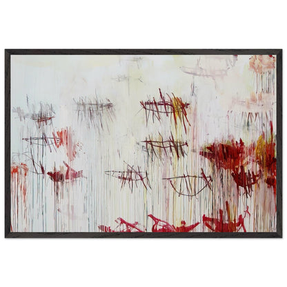 Lepanto, Part IX by Cy Twombly framed art print; featuring a luminous pale blue and ivory background, energetic crimson and burgundy marks, delicate yellow accents; size 60 × 90 cm (24 × 36 in); white frame.