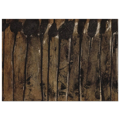 Solon I by Cy Twombly poster, 40 × 60 cm / 16 × 24 in: This atmospheric composition features elongated black and dark brown forms against a textured background….