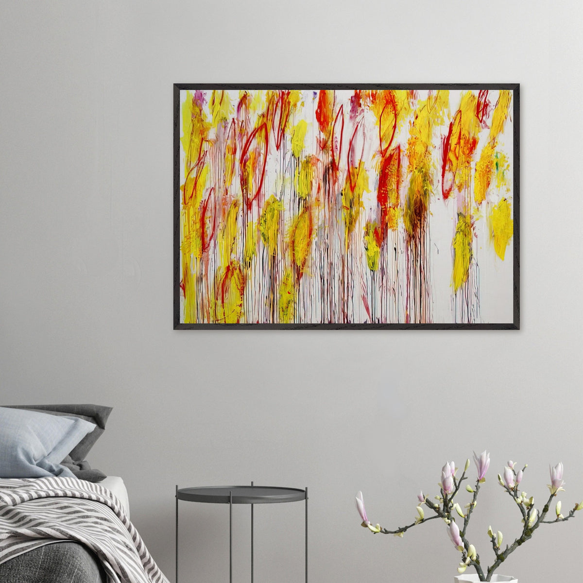 Lepanto, Part I by Cy Twombly framed art print; featuring vivid yellow and golden-orange brushstrokes, fiery red accents, delicate pink marks.