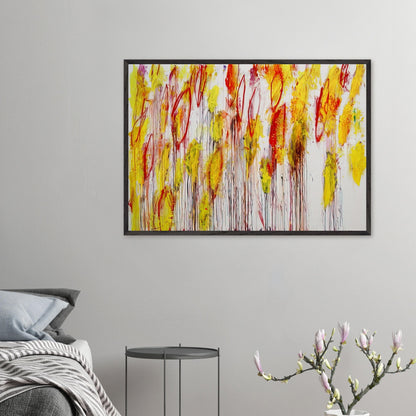 Lepanto, Part I by Cy Twombly framed art print; featuring vivid yellow and golden-orange brushstrokes, fiery red accents, delicate pink marks.