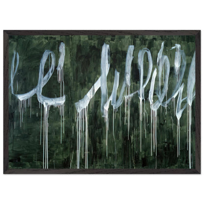 III Notes from Salalah (Note I) by Cy Twombly framed art print; featuring expressive white looping strokes and elongated paint drips against a rich, dark green background; size 28 × 43 cm (11 × 17 in); white frame.