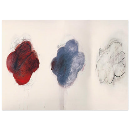 Fifty Days at Iliam: Shades of Achilles, Patroclus, and Hector by Cy Twombly poster, 50 × 70 cm / 20 × 28 in: three cloud-like forms arranged across a pale background: a rich red shape on the left….