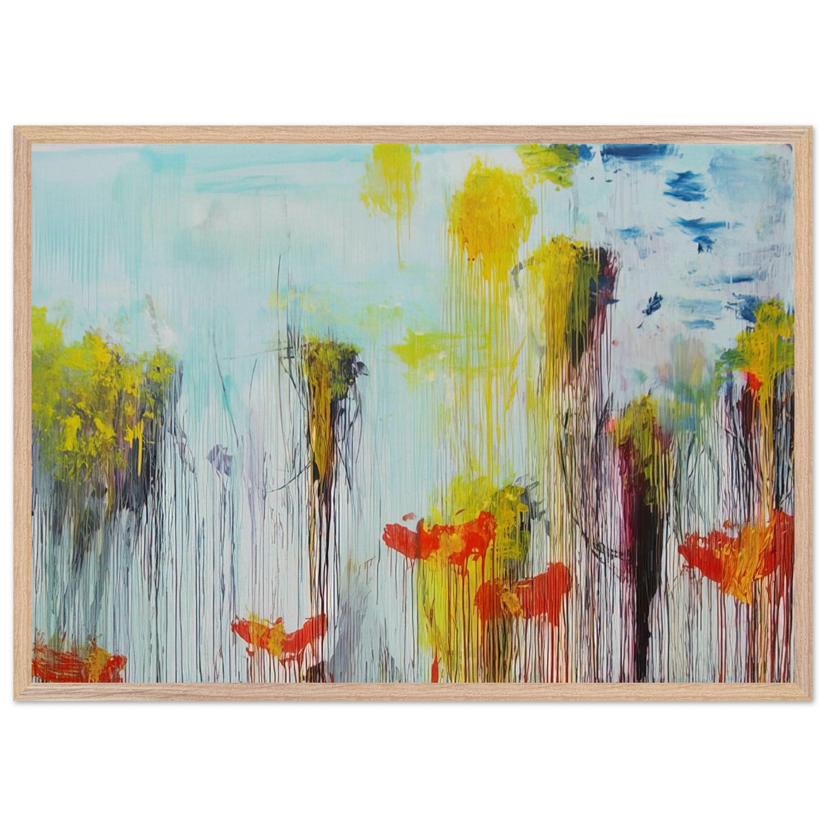 Lepanto, Part VII by Cy Twombly framed art print; featuring vibrant turquoise and aquamarine tones, vivid yellow brushstrokes, fiery orange and red accents; size 70 × 100 cm (28 × 40 in); white frame.