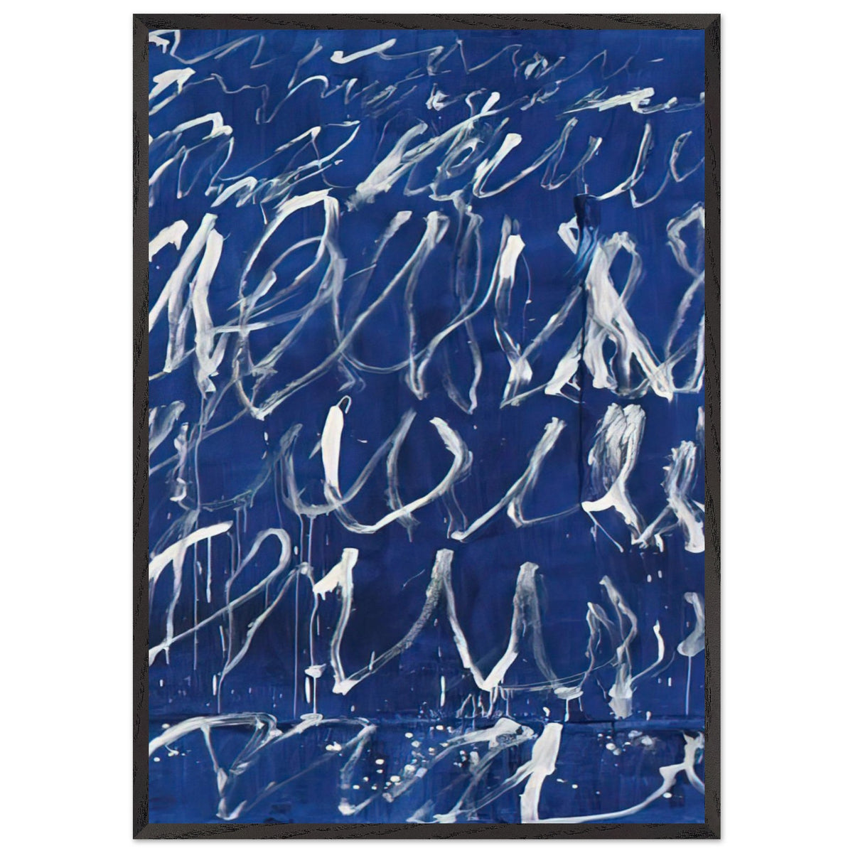 Untitled by Cy Twombly, framed art print, deep blue ground covered with energetic white brushstrokes, looping, 27x35 cm (11x14 in), white frame