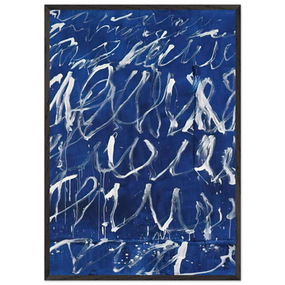 Untitled by Cy Twombly, framed art print, deep blue ground covered with energetic white brushstrokes, looping, 27x35 cm (11x14 in), white frame