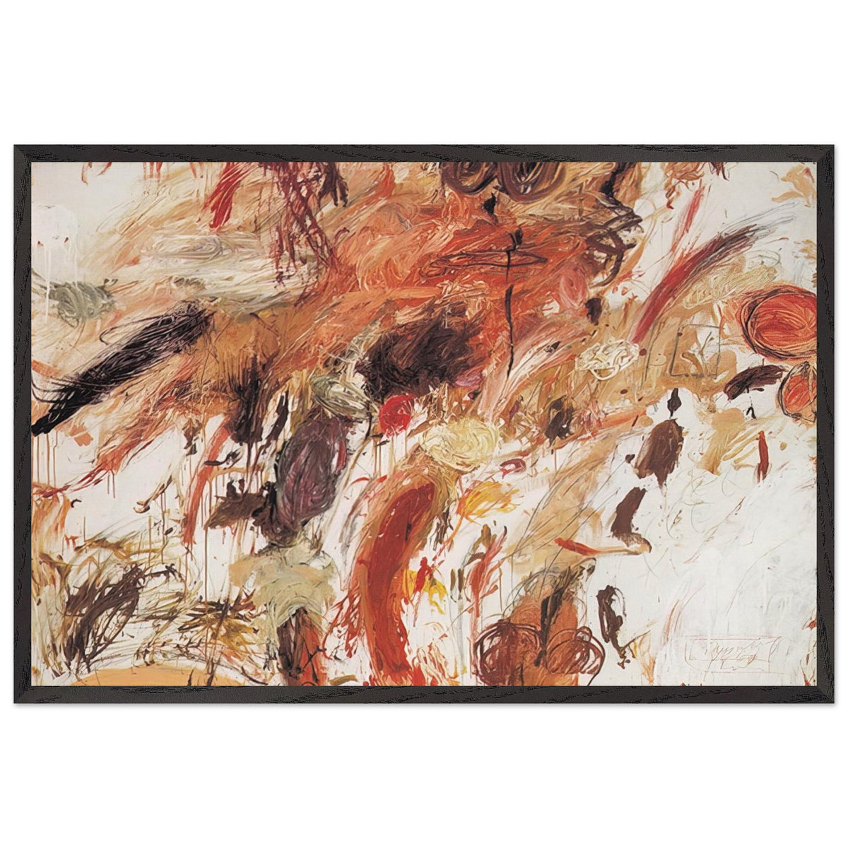 Ferragosto V by Cy Twombly framed art print; featuring energetic brushstrokes, layered pigments, and spontaneous gestures in shades of rust red, burnt orange; size A1 (59.4 × 84.1 cm); wood frame.
