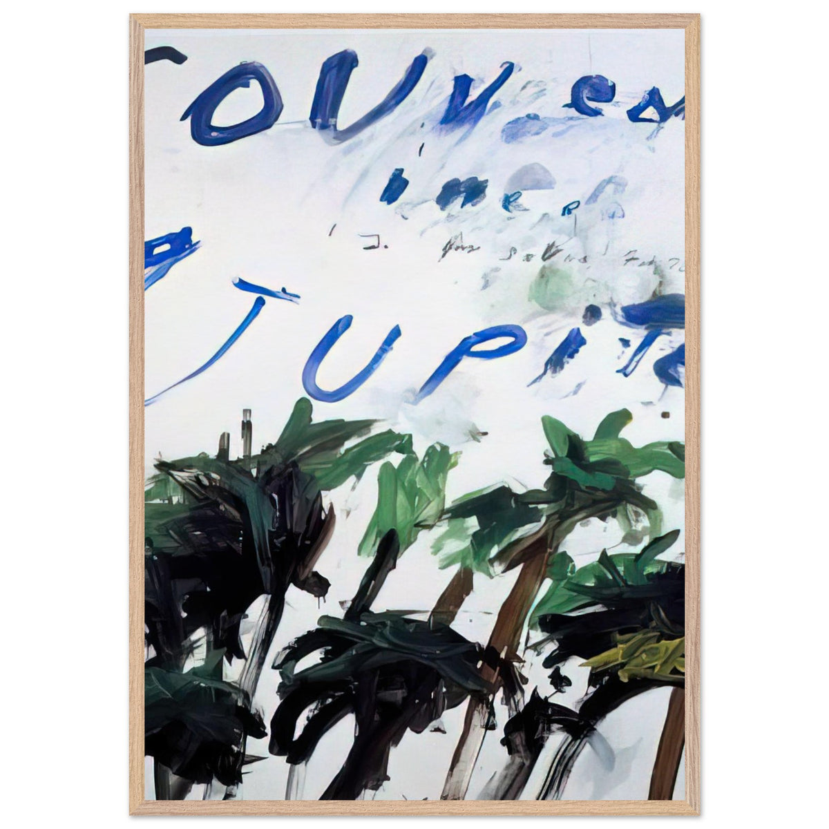 Souvenir of Jupiter by Cy Twombly, framed art print, handwritten lettering, gestural abstraction, 70x100 cm (28x40 in), wood frame