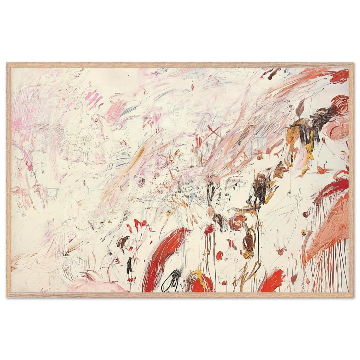 Ferragosto III by Cy Twombly framed art print; featuring energetic brushstrokes, delicate scribbles, and layered gestures in shades of red, pink, rust, orange, ochre; size 800 × 1200 mm (32 × 48 in); black frame.