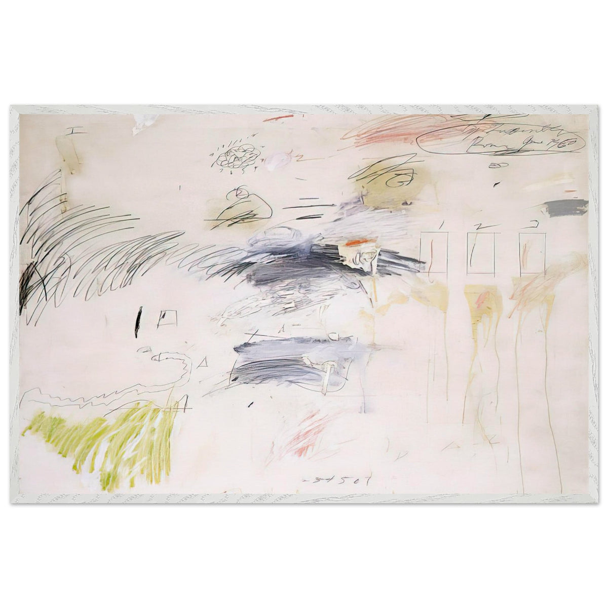 Untitled, Rome by Cy Twombly framed art print; featuring a warm ivory background layered with spontaneous black and charcoal lines, delicate pencil-like gestures; size 800 × 1200 mm (32 × 48 in); wood frame.