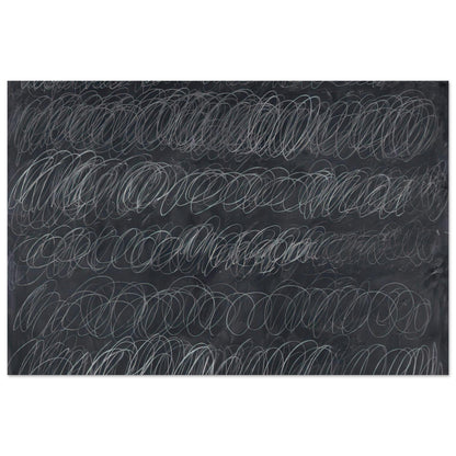 Cold Stream by Cy Twombly poster, 60 × 90 cm / 24 × 36 in: This monochromatic composition features repeated horizontal bands of overlapping white and gray loops….