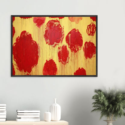 Untitled (Peonias Series) by Cy Twombly framed art print; featuring bold crimson-red and scarlet flower forms against a luminous golden-yellow background.