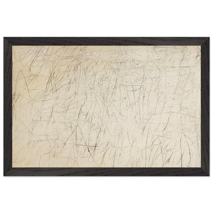 The Geeks by Cy Twombly framed art print; featuring an ivory and warm beige background covered with delicate pencil-like scribbles, intersecting lines; size 800 × 1200 mm (32 × 48 in); wood frame.
