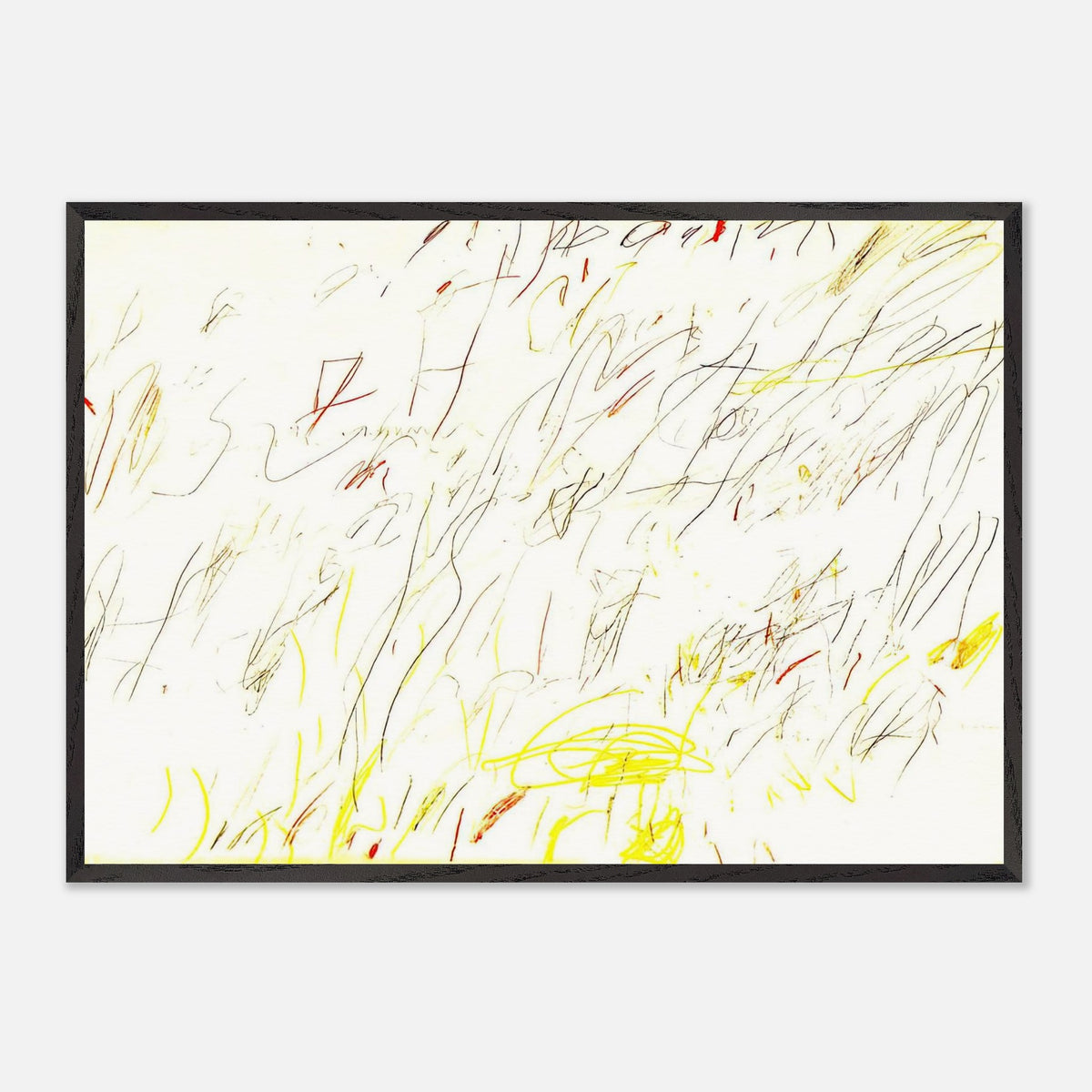 Blue Room by Cy Twombly framed art print; featuring delicate, spontaneous scribbles and gestural lines in shades of black, red, orange.
