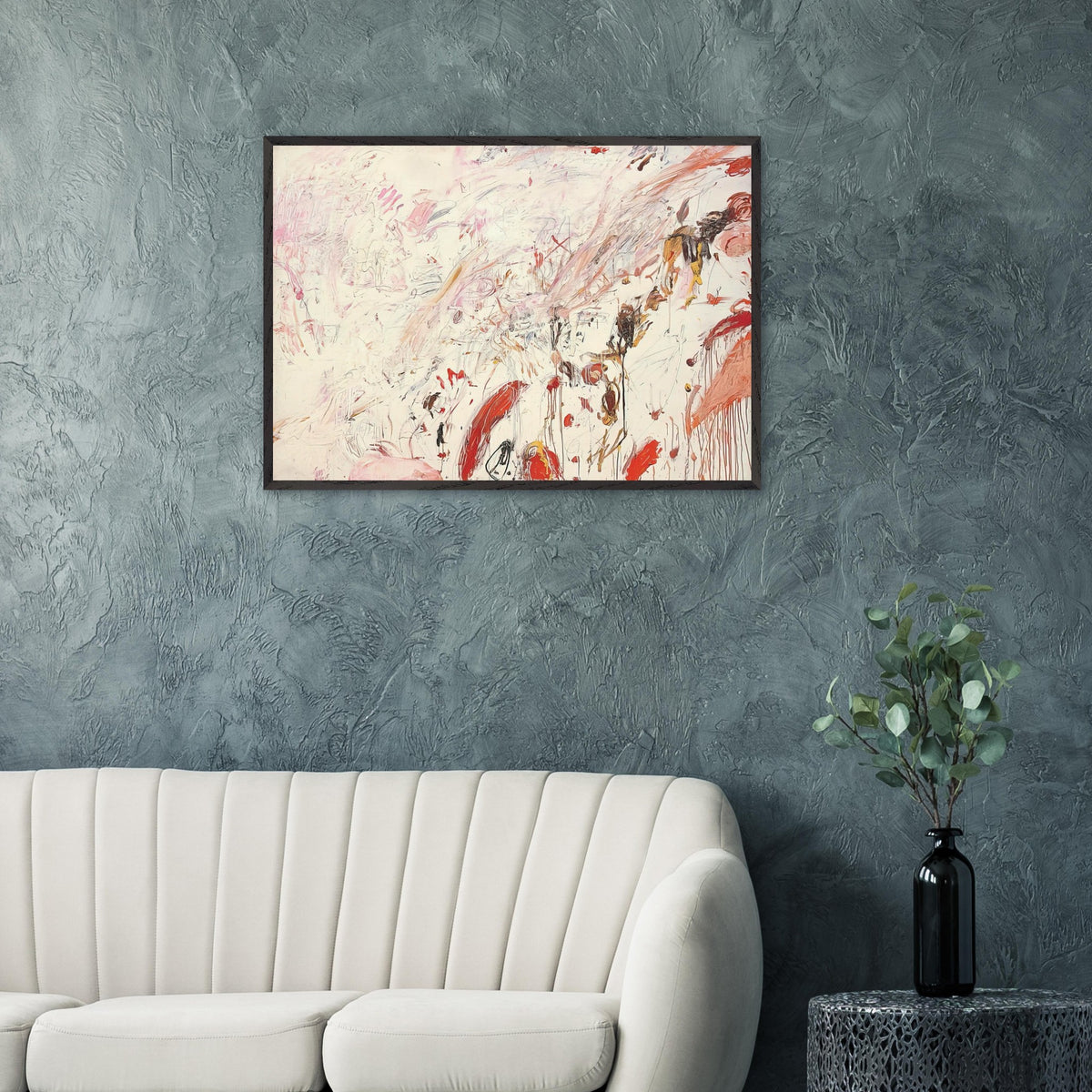 Ferragosto III by Cy Twombly framed art print; featuring energetic brushstrokes, delicate scribbles, and layered gestures in shades of red, pink, rust, orange, ochre.
