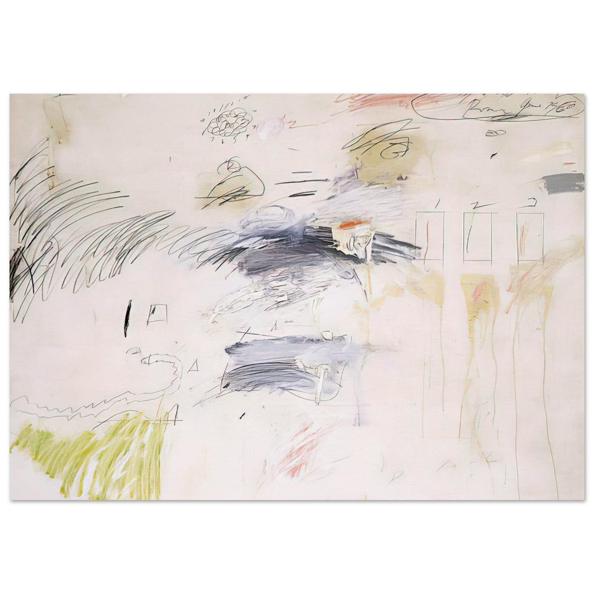 Untitled (Rome, June 1960) by Cy Twombly poster, 100 × 150 cm / 40 × 60 in: This expressive composition features a warm off-white background scattered with spontaneous pencil-like….