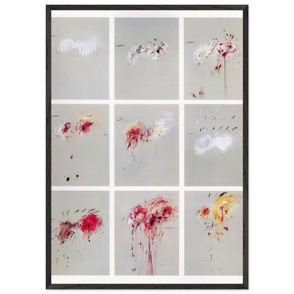 Nine Discourses on Commodus by Cy Twombly, framed art print, nine individual panels distinguished by muted gray backgrounds, 27x35 cm (11x14 in), white frame