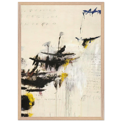 Quattro Stagioni I. Inverno by Cy Twombly, framed art print, bold black brushstrokes, flowing paint drips, 27x35 cm (11x14 in), wood frame